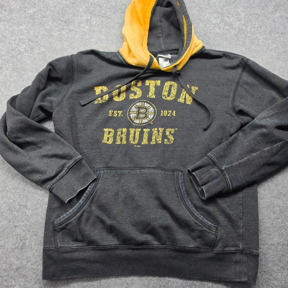 NHL Boston Bruins Hoodie Mens Charcoal Grey Yellow Distressed Graphic Pullover